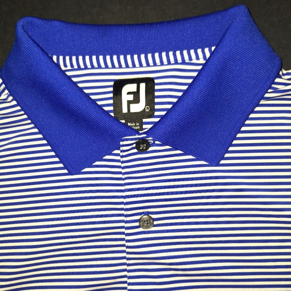 Footjoy Golf Polo Shirt Mens Size L Blue White Striped Short Sleeve EUC